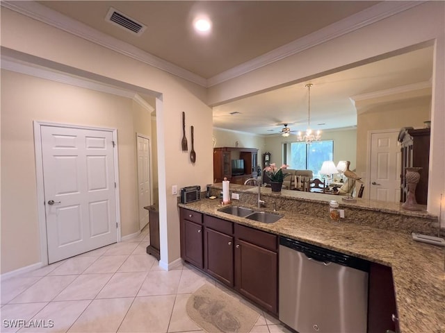 kitchen featuring stone counters, dishwasher, sink, ornamental molding, and dark brown cabinets