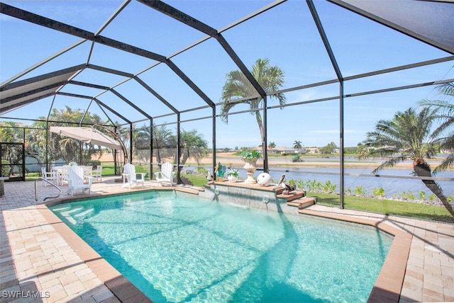 view of swimming pool featuring a lanai, a patio, and a water view