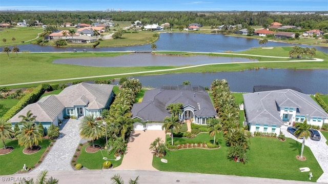 bird's eye view with a water view