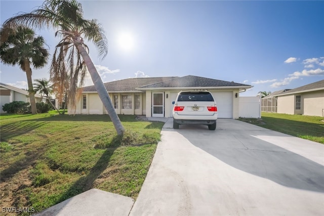 single story home featuring a front yard and a garage