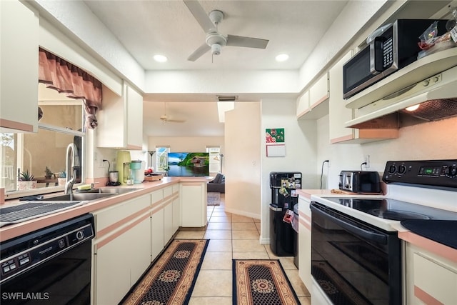 kitchen with dishwasher, white cabinets, sink, white electric stove, and ceiling fan