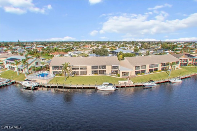 bird's eye view with a water view