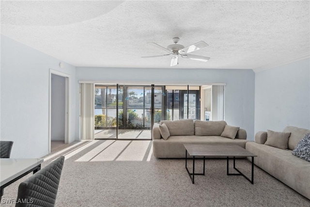 carpeted living room with ceiling fan and a textured ceiling