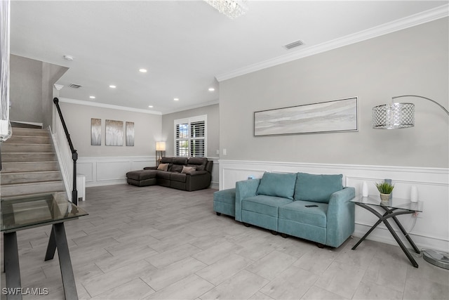 living room with ornamental molding