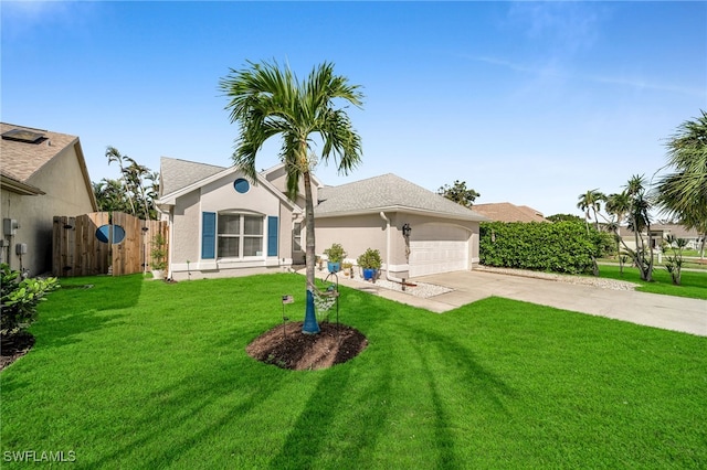 view of front of home with a front lawn and a garage