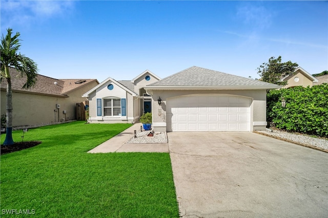 ranch-style home with a front yard and a garage