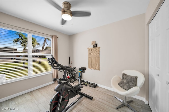 exercise area with ceiling fan