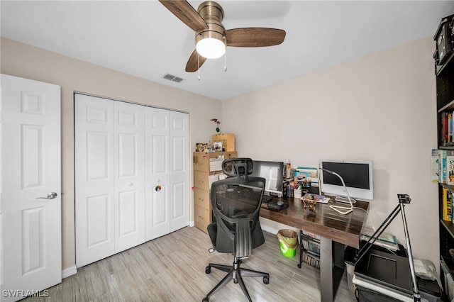 office area featuring light hardwood / wood-style flooring and ceiling fan