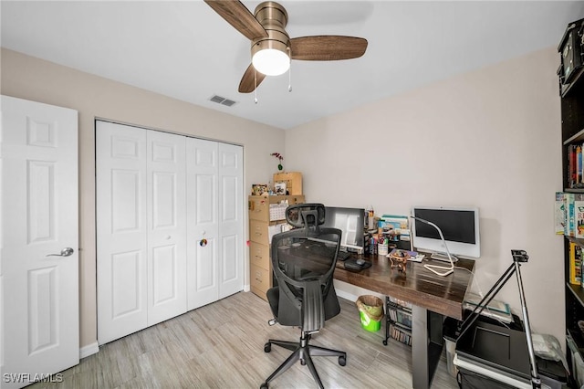 home office with wood finished floors, visible vents, and ceiling fan