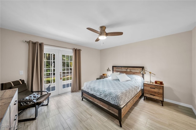 bedroom featuring french doors, light hardwood / wood-style flooring, access to exterior, and ceiling fan