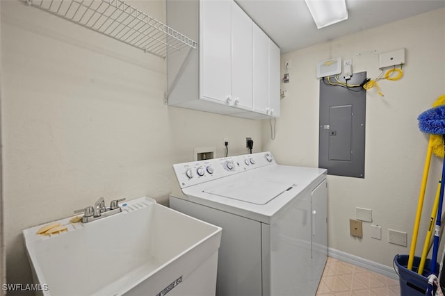 laundry room with sink, cabinets, independent washer and dryer, and electric panel