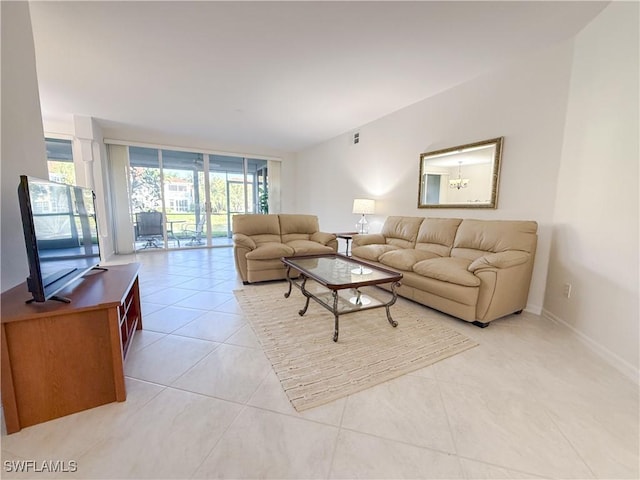 tiled living room with expansive windows