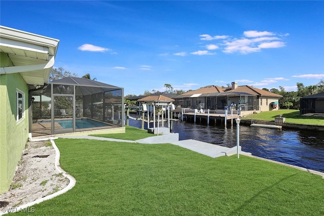 view of dock with a water view, a lanai, an outdoor pool, and a lawn