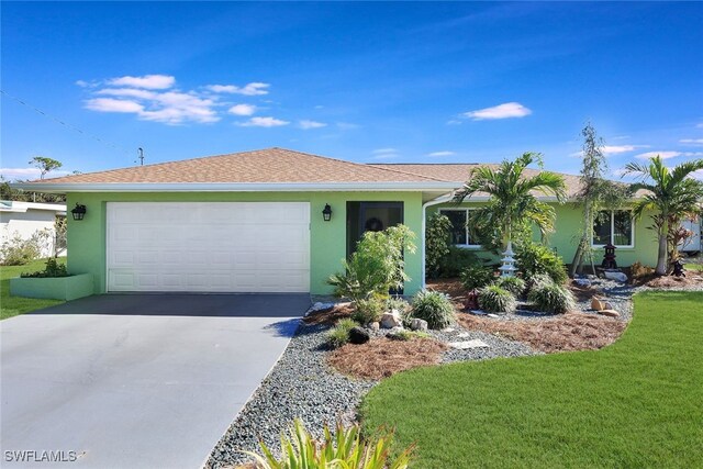 ranch-style house featuring a garage and a front yard