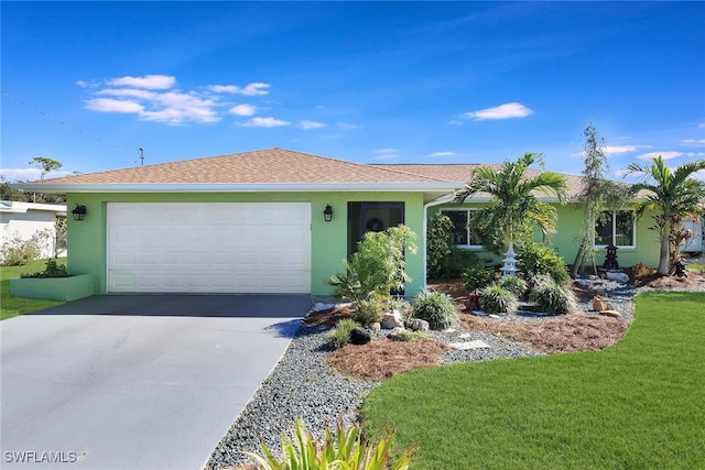 ranch-style home with driveway, a front lawn, an attached garage, and stucco siding