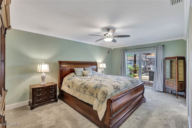 bedroom featuring light carpet, access to outside, ornamental molding, and visible vents