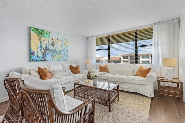 living room with hardwood / wood-style floors and a textured ceiling