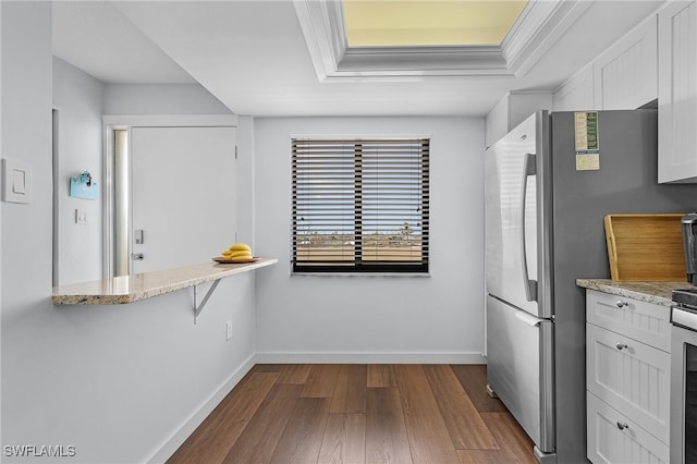 kitchen with white cabinets, light stone counters, a raised ceiling, and dark wood-type flooring