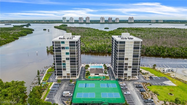 drone / aerial view with a water view