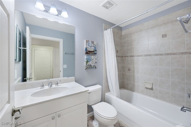 full bathroom with shower / bath combination with curtain, toilet, and vanity