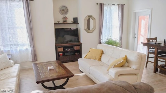 living room featuring a wealth of natural light and light wood-type flooring