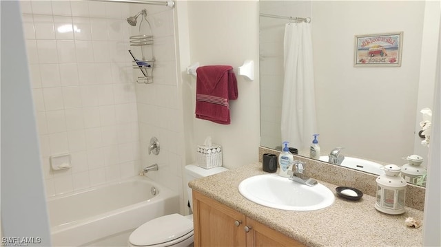 full bathroom featuring vanity, toilet, and shower / bathtub combination with curtain