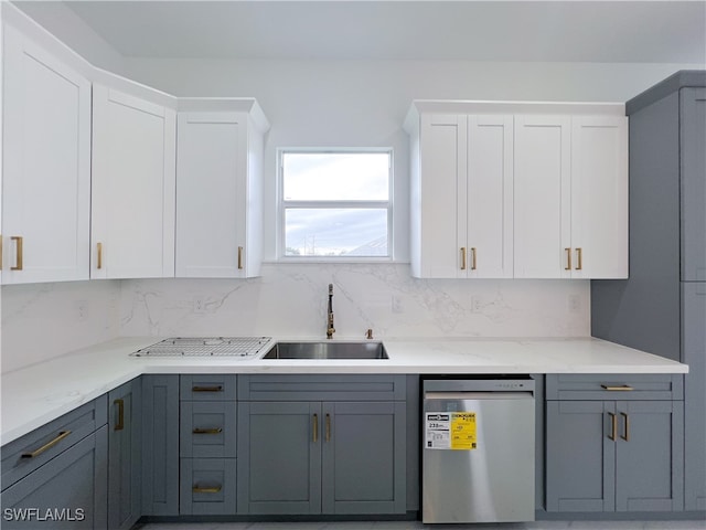 kitchen with stainless steel dishwasher, sink, white cabinetry, and backsplash