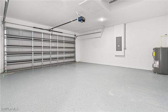 garage featuring a garage door opener, water heater, and electric panel