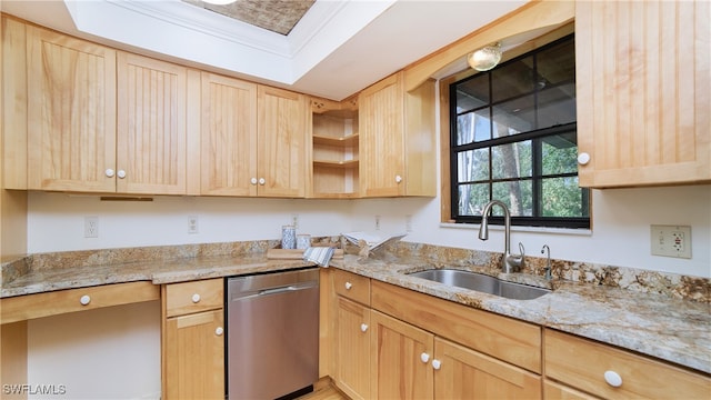 kitchen with sink, ornamental molding, stainless steel dishwasher, light stone countertops, and light brown cabinetry