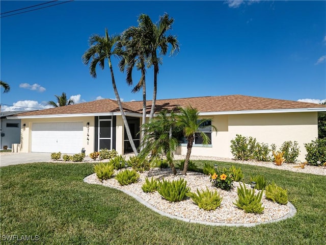 ranch-style house featuring a garage and a front yard