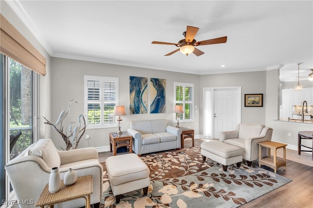 living room featuring ceiling fan, wood-type flooring, and plenty of natural light