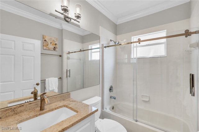 full bathroom with vanity, ornamental molding, shower / bath combination with glass door, and toilet