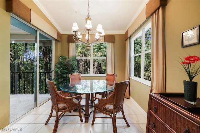 dining area featuring light tile patterned floors, an inviting chandelier, and ornamental molding