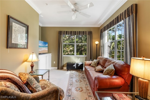 interior space with carpet floors, ceiling fan, and crown molding