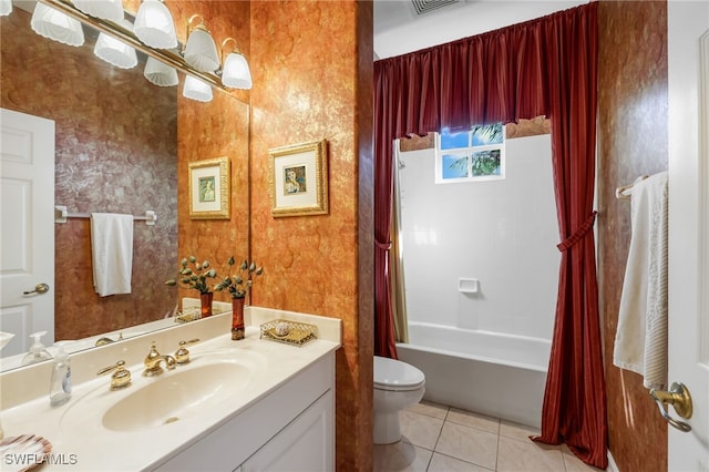 full bathroom featuring shower / bath combo, tile patterned flooring, vanity, and toilet