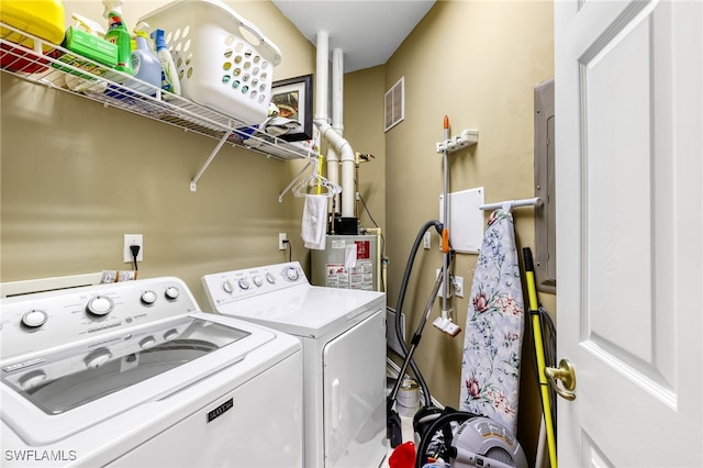 clothes washing area with water heater and separate washer and dryer