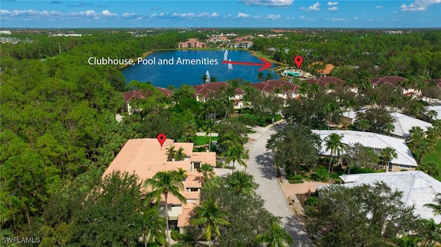 drone / aerial view featuring a water view