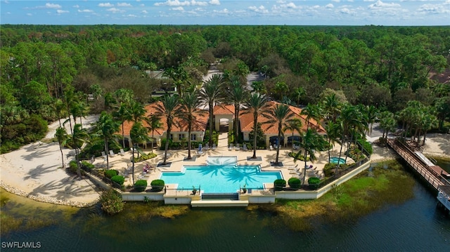 view of pool with a patio and a water view