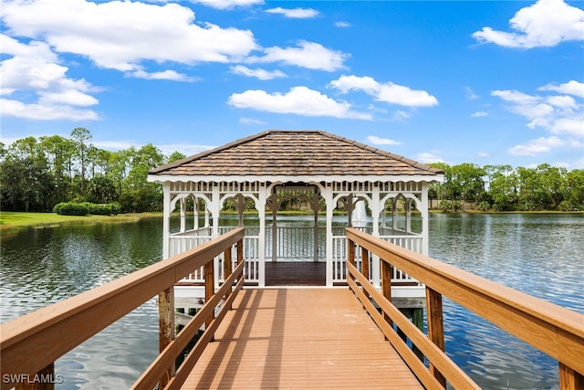 dock area featuring a water view and a gazebo