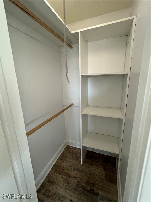 walk in closet with dark hardwood / wood-style floors