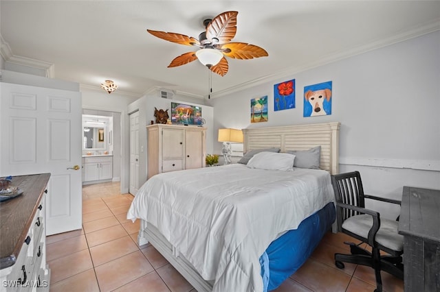 tiled bedroom with connected bathroom, ceiling fan, and crown molding