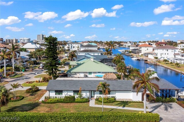 aerial view featuring a water view