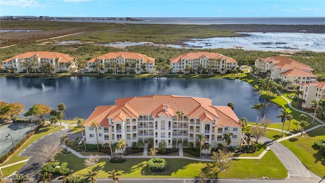 aerial view featuring a water view