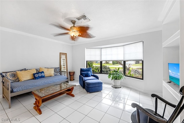 tiled living room with crown molding and ceiling fan