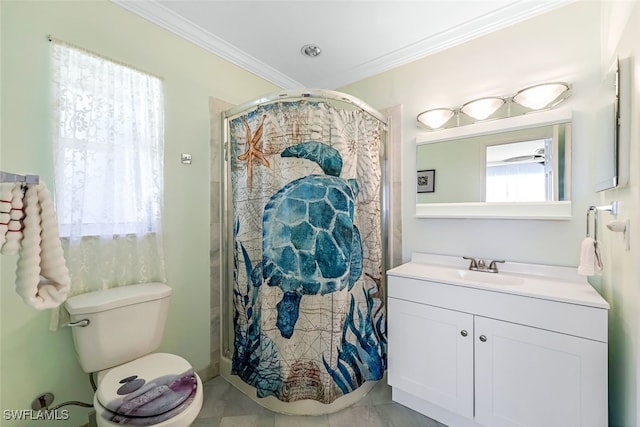 bathroom featuring vanity, toilet, crown molding, and walk in shower