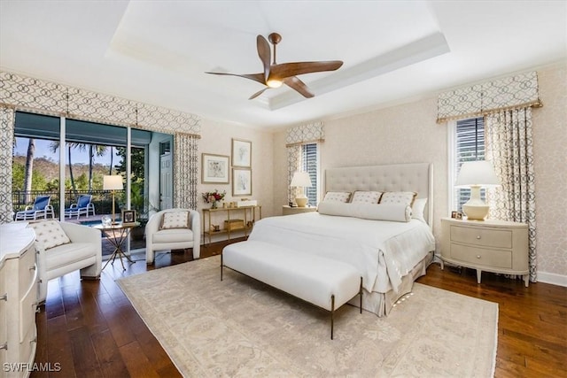 bedroom with dark hardwood / wood-style floors, a raised ceiling, multiple windows, and ceiling fan