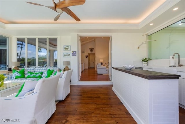 interior space with dark hardwood / wood-style floors, ceiling fan, and sink