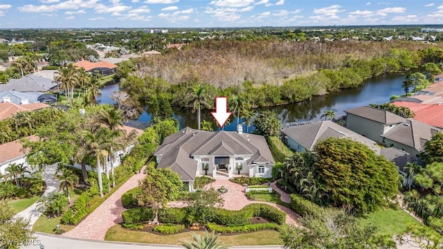 drone / aerial view featuring a water view