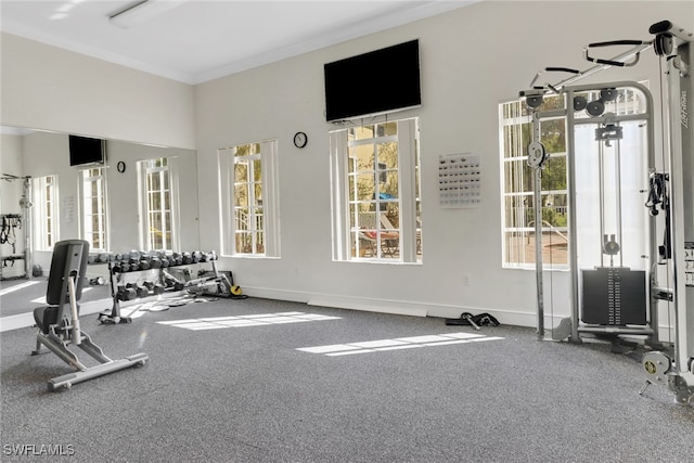 workout area featuring ornamental molding