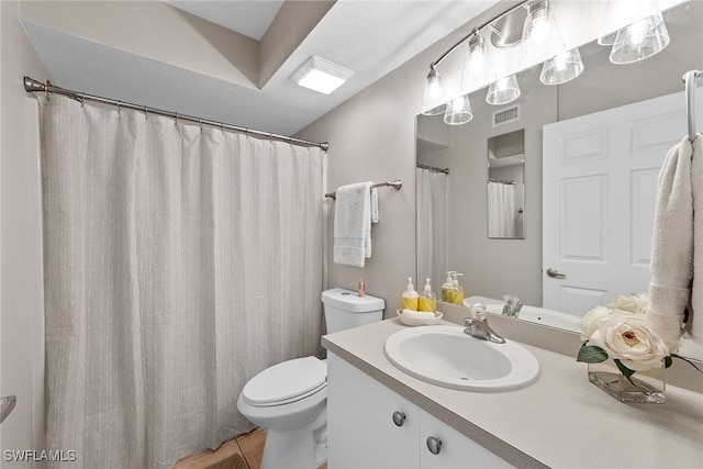 bathroom with walk in shower, vanity, toilet, and tile patterned flooring